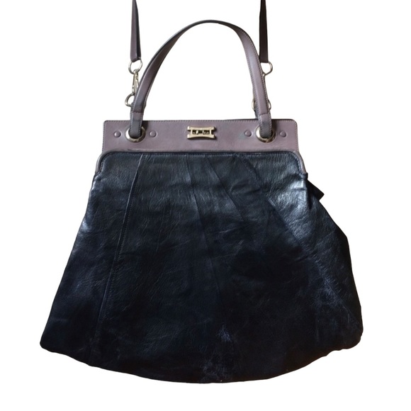 Chloe X- LARGE black leather Bag optional cross body strap taupe trim - Picture 1 of 11